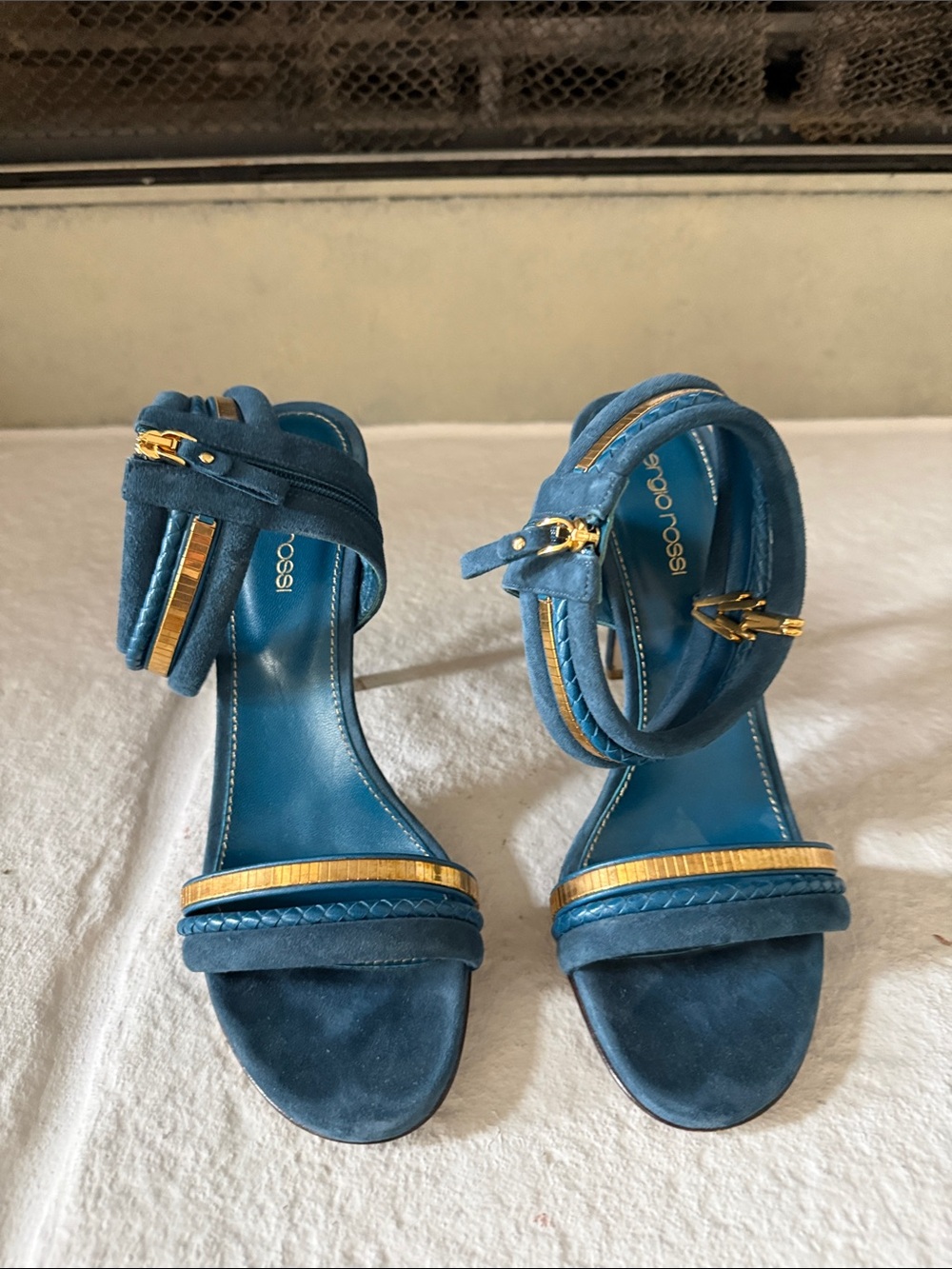 Sergio Rossi Blue/Teal Suede Ankle-Strap Sandals with Gold Trim